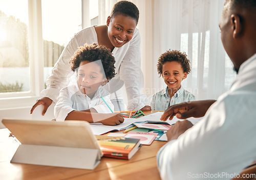 Image of Elearning, children video and education with mother and father help of black family in a home. Student boys, tablet learning and online school development app with happiness and smile in a house