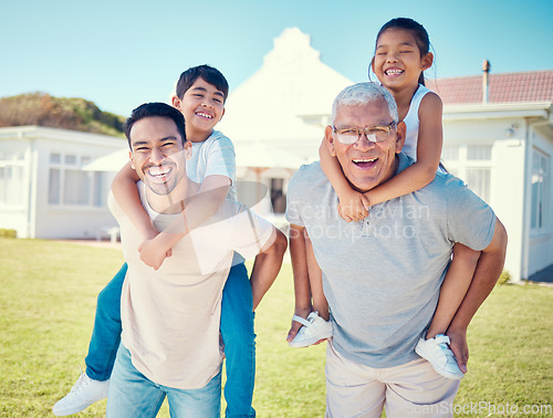 Image of Family, father and grandfather piggyback children in portrait, love and relationship with generations, bonding and care. Laughing, happiness and fun together with men and kids outdoor with childhood