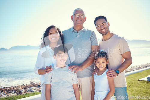 Image of Love, happy and portrait of a big family on a vacation, adventure or weekend trip in Puerto Rico. Happiness, smile and children standing with their parents and grandfather at holiday resort or house.
