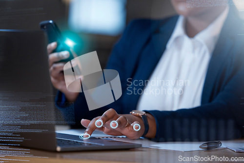 Image of Fingerprint, computer hologram and hands of woman typing on biometric software, cybersecurity or information technology. Laptop, code and business person with fingers overlay or holographic at night