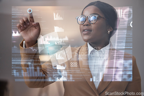 Image of Futuristic, hologram and black woman with charts, typing or data analytics for communication. African American female employee, coder or programmer with holographic, cyber security or cloud computing