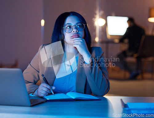 Image of Thinking, ideas and woman in night office for digital planning, information technology solution and software development. Contemplating, thoughtful and serious business person or programmer notebook