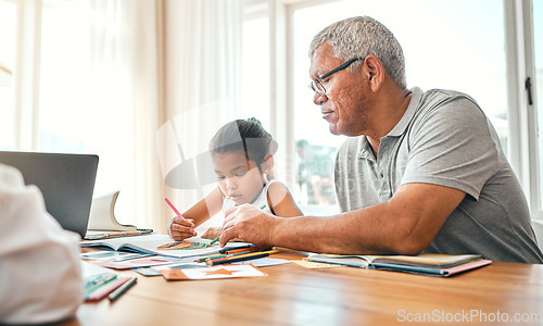 Image of Grandpa help, child learning and home studying in a family house with education and knowledge. Senior man, girl and teaching of a elderly person with a kid doing writing for an online class project