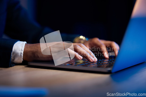 Image of Hands, laptop and typing with business man, coding or writing report, information technology and data analysis. Email, networking and research with programmer and software upgrade with digital update