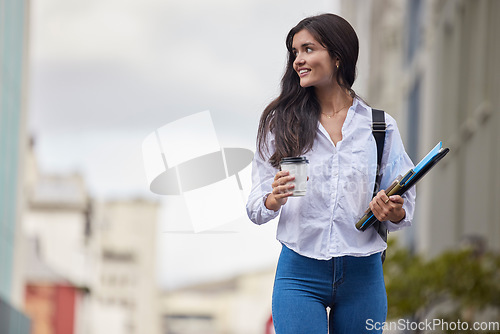 Image of Young woman or student in city on coffee break walking to campus, university or college for carbon footprint. Europe person with backpack and drink for international study opportunity in urban street