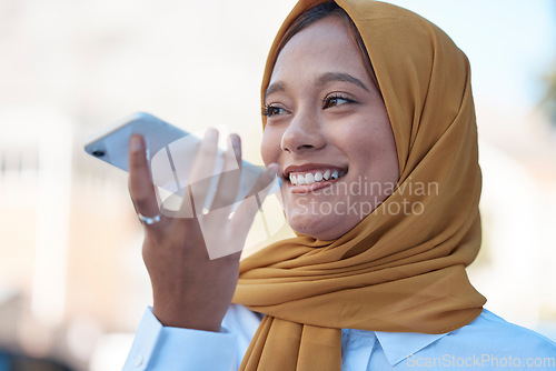 Image of Face, phone call and loud speaker, woman and smile, communication and voice note with social media and Muslim person. Happy, young Islamic female in hijab, smartphone and technology with chat outdoor