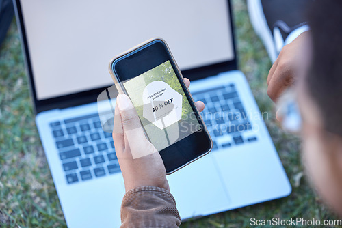 Image of Hands, phone and laptop mockup screen for discount, sale or advertising announcement and news outdoors. Hand of man on smartphone app with display by computer for special marketing deal in nature