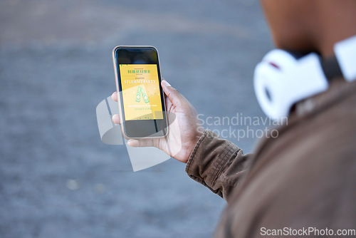 Image of Hand, party and student with an invitation on a phone screen for celebration, drinks and a social. Mobile, app and black man reading a message about a university event, gathering or digital invite