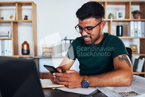 Image of Study, phone and relax with man and laptop for social media, education and elearning. Remote work, freelancer and research with student browsing at home for education, technology and planning