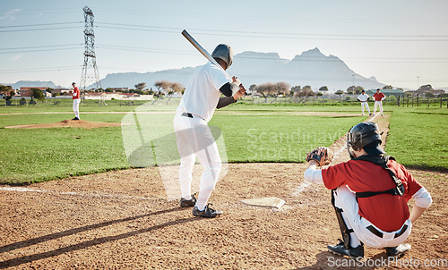 Image of Baseball batter, game or sports man on field at competition, training match on a stadium pitch. Softball exercise, fitness workout or back view of players playing outdoors on grass field in summer