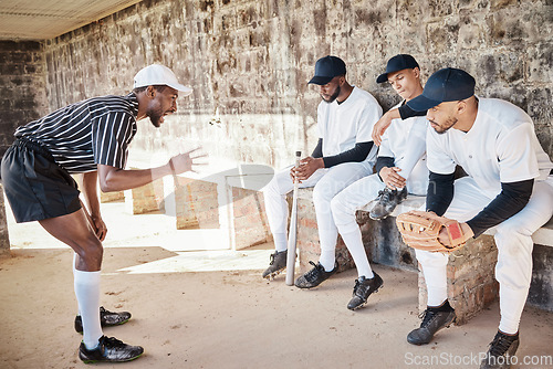 Image of Sports, baseball and coaching with people in dugout for strategy, training and practice match. Fitness, teamwork and mentor with group of men listening to coach for discussion, focus and game plan