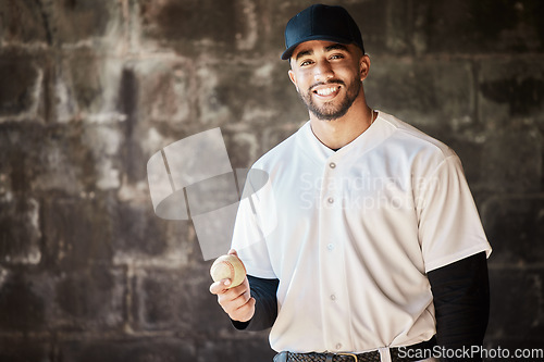 Image of Sports, baseball and portrait of man with ball, smile and ready for game, match and practice in stadium. Softball mockup, motivation and happy player in dugout for training, exercise and competition