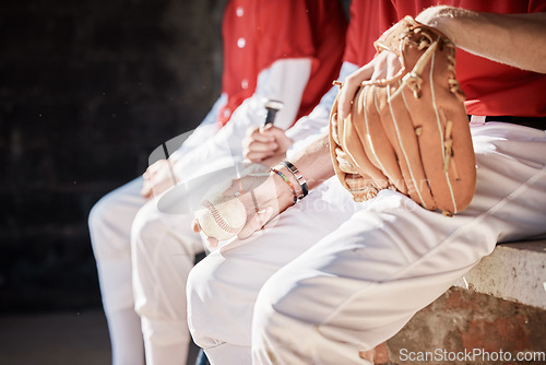 Image of Baseball player, pitcher and leather glove with sport ball with sports team sitting together. Exercise, athlete and workout of a contest pitch outdoor with fitness gear ready for training and game