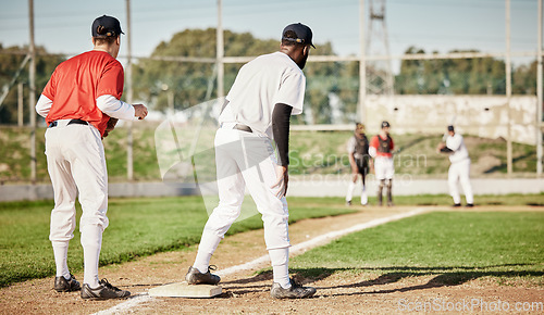 Image of Sports, baseball and teamwork with men on field for training, competition matcha and exercise. Home run, focus and fitness with group of people playing in park stadium for pitcher, cardio and batter