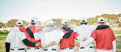 Image of Back, teamwork and solidarity with a baseball group of people standing outdoor on a field for a game. Teamwork, support and training with friends or teammates in unity on a pitch for sports in summer