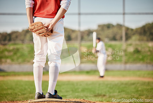 Image of Sports, baseball and male athlete on the pitch playing a game, exercise or training on the field. Fitness, catcher and man softball player at a match, exercise or practice at an outdoor arena.