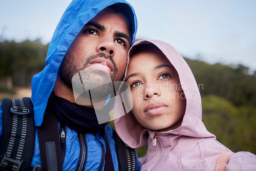 Image of Fitness, thinking and couple in nature for hiking, workout and walking on the mountain in Peru. Idea, young and man and woman with a plan, thoughtful and contemplation while on a morning walk