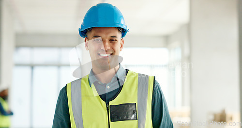 Image of Construction, building and construction worker, man and smile in portrait, employee at construction site with work vest and safety helmet. Working, architecture industry and renovation job.