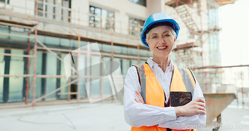 Image of Architecture, engineer and business woman in construction site portrait for office building or commercial property development. Proud civil engineering manager, construction worker or contractor boss