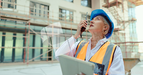 Image of Construction worker, call or architect woman with tablet for networking, communication or planning in construction site. Logistics, industrial or employee with leadership for engineering strategy