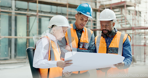 Image of Construction team, blueprint and site building job for architect, builder and contractor together planning safety vision and project development. Diversity men and woman outdoor talk engineering plan