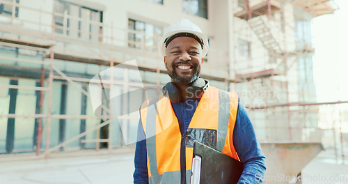 Image of Construction, black man and clipboard, building and inspection, manage work at job site, construction worker and inspector smile in portrait. Engineer, builder and scaffolding for renovation.