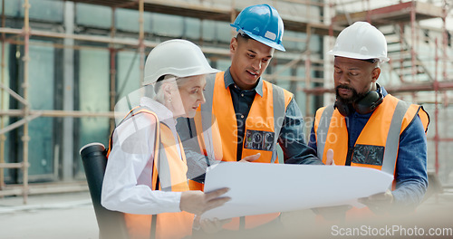 Image of Construction, inspection and clipboard, black man and woman discussion, construction site with scaffolding and building renovation checklist. Contractor with inspector, engineering and communication.