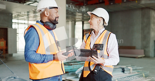 Image of Construction, inspection and clipboard, black man and woman discussion, construction site with scaffolding and building renovation checklist. Contractor with inspector, engineering and communication.