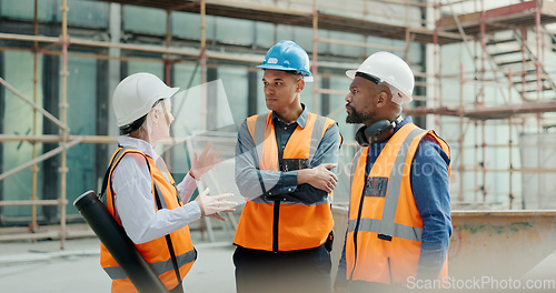 Image of Construction workers, building engineers or tablet in teamwork planning, architecture innovation or property engineering. Smile, happy or talking builder diversity men or woman with technology design