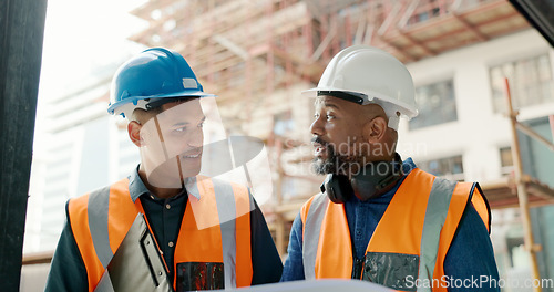 Image of Construction, builder and talking for blueprint, planning and architecture of building, property or development. Construction worker, paper and teamwork for black man, manager and conversation at job