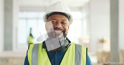 Image of Construction, building and construction worker, man and smile in portrait, employee at construction site with work vest and safety helmet. Working, architecture industry and renovation job.