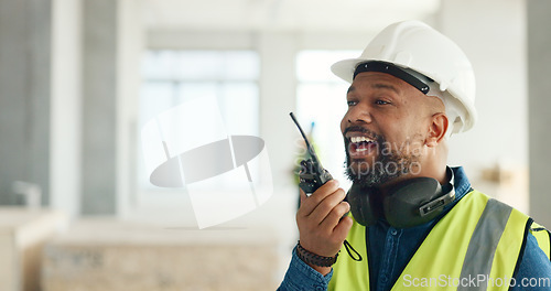 Image of Construction site, walkie talkie and engineer black man for architecture planning, contractor staff management and office building. Architect or builder with property development communication update