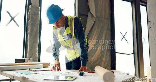 Image of Man, architect or engineer and planning for inspection, construction or maintenance in safety and security on site. Male engineer, builder or contractor checking project plans for industrial architec