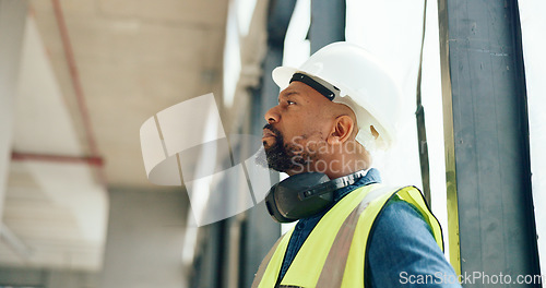 Image of Architecture, thinking and construction site manager building a development property project and safety inspection. Engineering, management and African contractor monitoring or checking progress