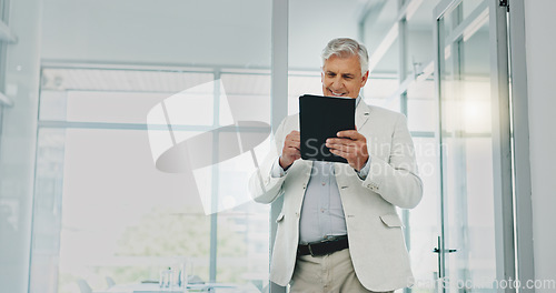 Image of Email, happy and businessman with a tablet for communication, reading chat and website feedback. Contact, internet and corporate employee with technology for news update, schedule and online planning