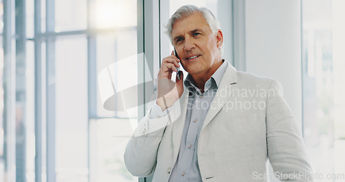 Image of Businessman, smile and phone call in office for communication and conversations. Happy man having a successful business discussion call on a mobile smartphone in office.