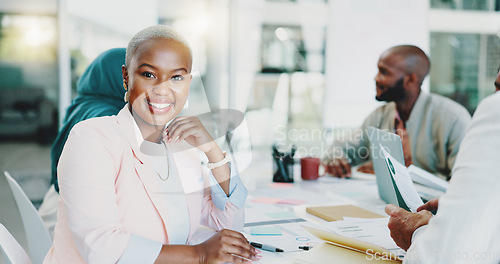 Image of Leadership, portrait or black woman face for team building meeting for documents, planning schedule or review success. Happy, employee or manager with team for marketing company data analysis growth