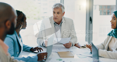 Image of Business meeting, diversity team and people talking, planning and brainstorming in collaboration at corporate office. Accounting inclusion men and women at table for finance, budget report and growth