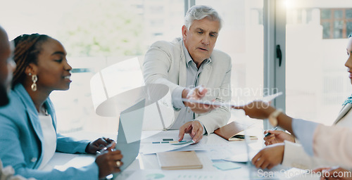 Image of Business meeting, diversity team and people talking, planning and brainstorming in collaboration at corporate office. Accounting inclusion men and women at table for finance, budget report and growth