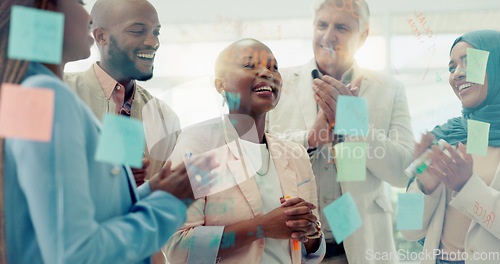 Image of Black woman, leadership success and post it, applause for business meeting, goal planning strategy and corporate happiness in office. African business woman, leader achievement and employees teamwork