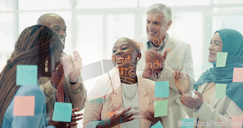 Image of Meeting, planning and sticky notes on glass in the office with a diversity business team planning strategy. Teamwork, collaboration and coaching with a black woman leader teaching her staff at work