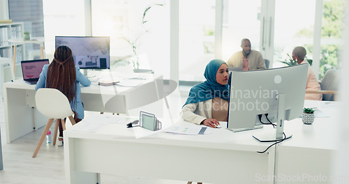 Image of Computer, documents or Muslim startup woman research review, data analysis or company KPI growth report. Technology, creative or female employee typing calendar agenda, marketing or social media SEO