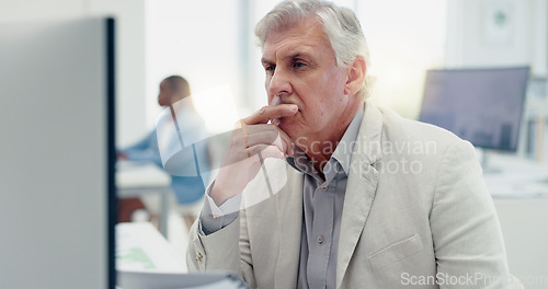 Image of Stress, headache and senior businessman by computer reading sales email in office workplace. Mental health, burnout and tired elderly male employee with migraine, fatigue or depression from overwork.