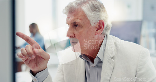 Image of Business man, computer and documents while working in a office for data analysis while typing online doing research. Senior entrepreneur at his desk with a file for information on a finance report