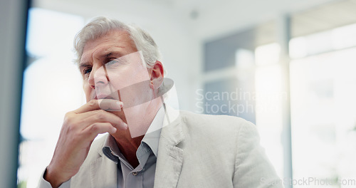 Image of Business, senior man and angry in office, stress and upset for glitch, mental health and depression. Startup, ceo or mature male with burnout, problem with pc and frustrated with failure and pressure