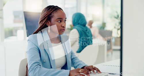 Image of Documents, computer and business black woman in office for financial review, kpi analysis and company audit, tax or sales report. Accounting paperwork, focus corporate worker and finance job strategy