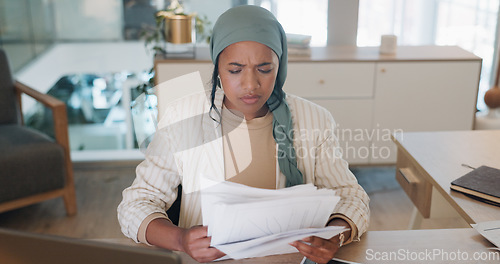 Image of Muslim employee, woman and angry with documents with marketing statistics, frustrated and anxiety about project. Project management stress, paperwork mistake or fail with feedback problem and burnout