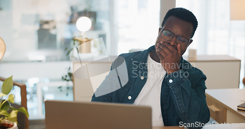Image of Sleeping, business man and tired web office worker with stress and burnout from project. Digital, black man and fintech agent working on a laptop for finance deadline feeling sleepy from online job
