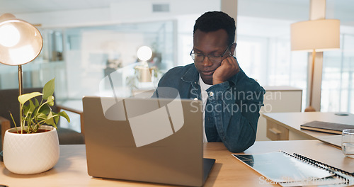 Image of African businessman, headache and laptop working in office for deadline, tech documents or report planning burnout. Black corporate man, head pain and stress, fatigue or tired with tech device glitch
