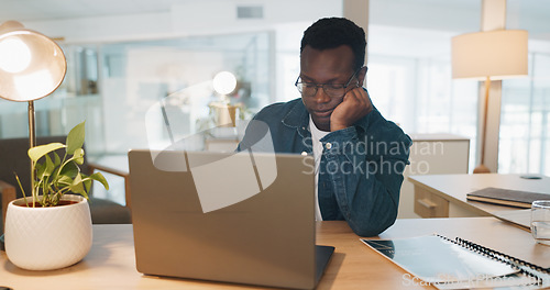 Image of Sleeping, business man and tired web office worker with stress and burnout from project. Digital, black man and fintech agent working on a laptop for finance deadline feeling sleepy from online job